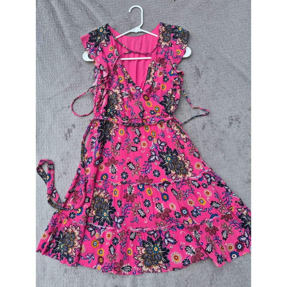 LOFT Pink Floral Paisley Tiered Mini Dress Womens XS Flutter Sleeve Wrap V-Neck